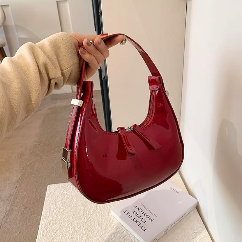 Luna - Sac à Main Cuir Vernis Demi Lune Vintage