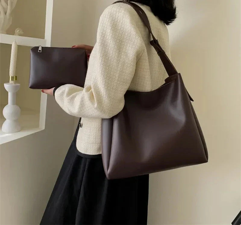SACHA - Sac à Main Bandoulière en Cuir Lisse avec Pochette Portefeuille