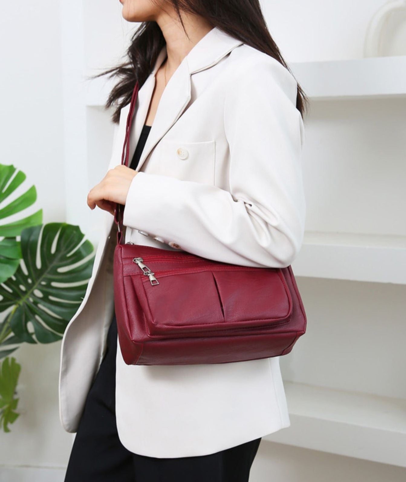 ANIA - Sac à Main en Cuir Multipoches avec Bandoulière