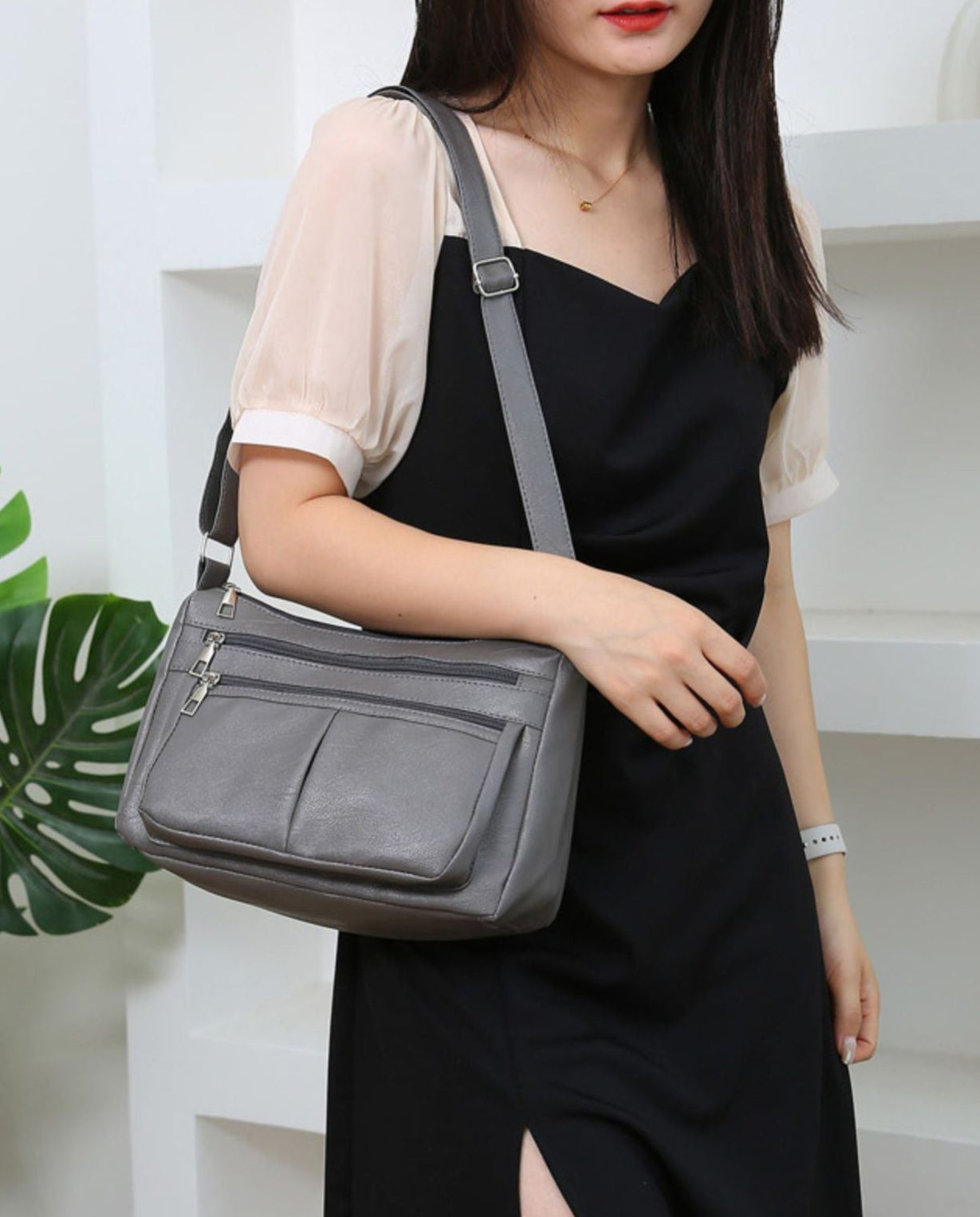 ANIA - Sac à Main en Cuir Multipoches avec Bandoulière