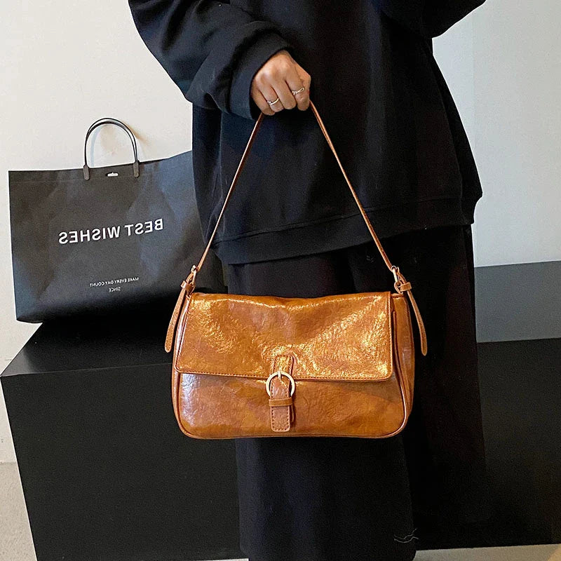 LAVA - Sac à Main en Bandoulière Rétro en Cuir Lisse